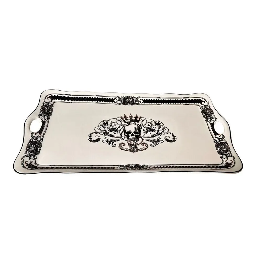 Monterey Bay Rectangular Serving Tray🎃Black White Serving Platter Skull W Crown